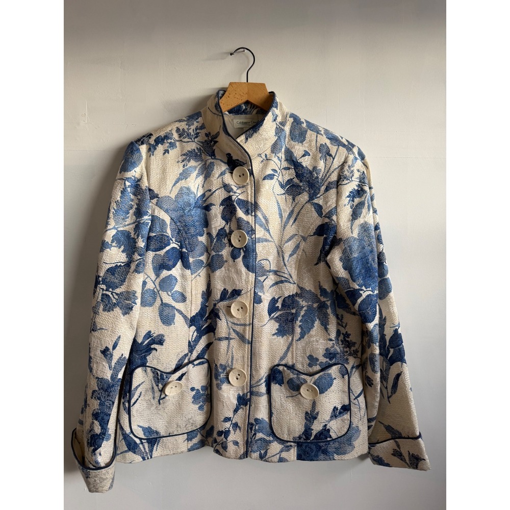 Coldwater Creek Vintage Blue Floral Jacquard Blazer Jacket Cottagecore Toile 14